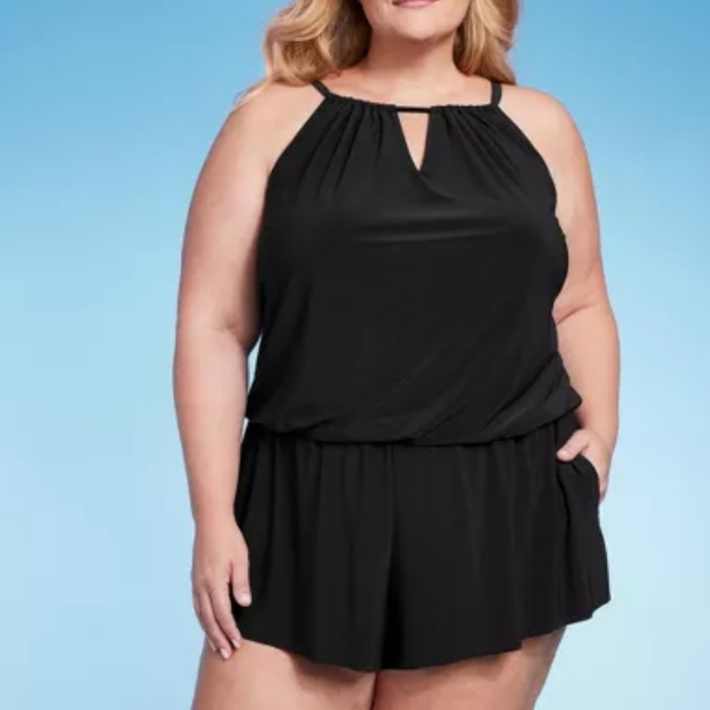 High Neck Swim Romper With Pockets - One Piece Swimsuit - by Aqua Green